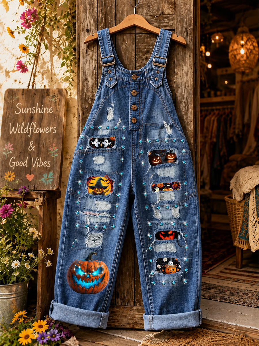 Women's Retro Autumn Style Art Print Washed Cotton Denim Patchwork Jumpsuit